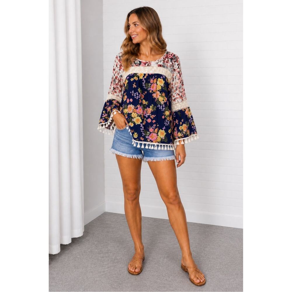 Caleooa Boho Floral Blouse Womens Large Blue Pink Mixed Print Tassel Peasant Top